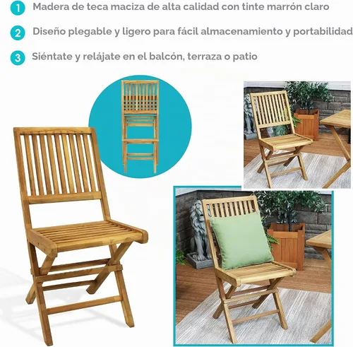 Vista 4 de Sunnydaze - Sillas plegables de madera de teca para exteriores, juego de 2 sillas plegables de patio para terraza o balcón, muebles de madera