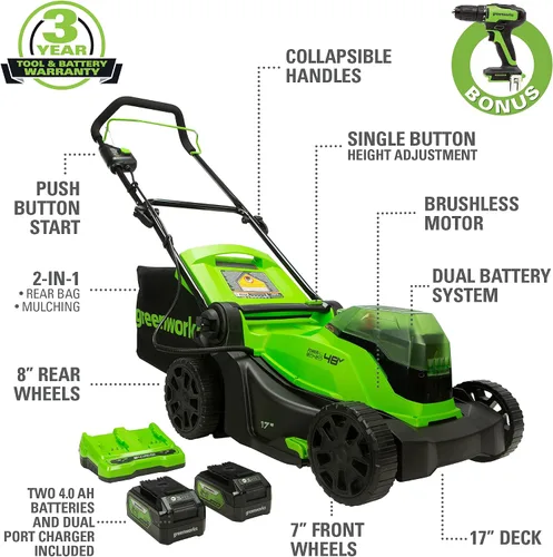 Vista 3 de Greenworks Cortacésped inalámbrico sin escobillas de 48 V y 17 pulgadas + taladro/destornillador de 24 V, (2 x 24 V) y carrete de línea de repuesto