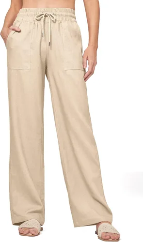 Vista 7 de Willit Pantalones de lino para mujer, pantalones palazzo de pierna ancha Khaki - Actualización