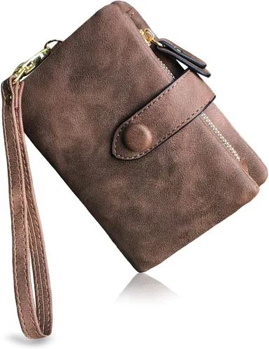 Vista 12 de PofeeXIO Cartera de cuero pequeña para mujer Bifold RFID con muñequera para damas, ranura para tarjetas, ventana para identificación, monedero