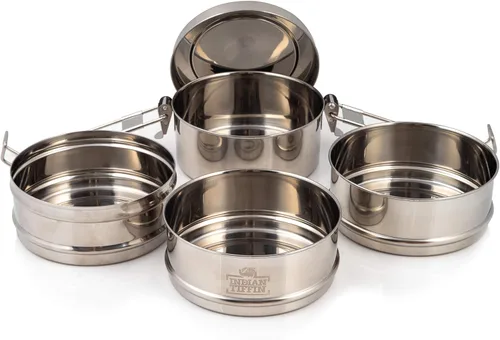 Vista 2 de Indian Tiffin, 4 contenedores acoplados para transportar comida.