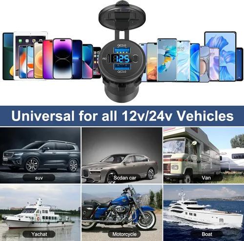 Vista 8 de Hapytrip - Salida USB de 12 voltios de 12 voltios, puerto doble de carga rápida 3.0 y USB C PD3.0, enchufe de cargadores de batería de coche