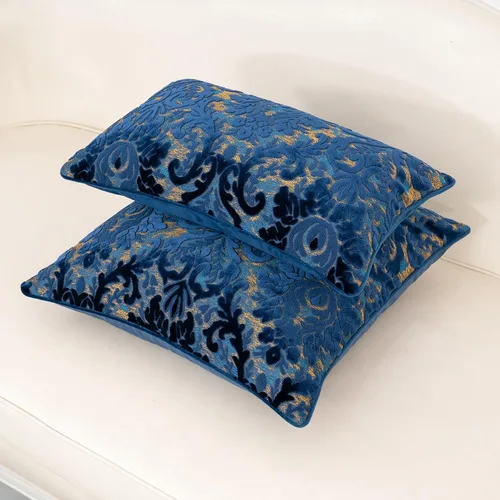 Vista 4 de Alerfa - Funda de almohada decorativa boho azul floral de terciopelo, 18x18 pulgadas, lujosa, bordada, funda de cojín cuadrada para sofá, sala