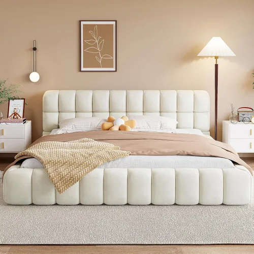 Vista 20 de Moderna cama tapizada de tamaño Queen, forro polar bereber grueso, base de colchón tapizada con cabecera copetuda y soporte de listones de madera