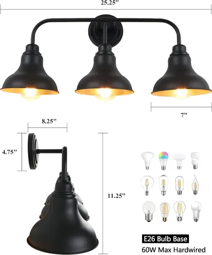 Vista 2 de Lámparas de tocador de baño de granja de 25 pulgadas, lámparas de baño de 3 luces sobre espejo, apliques rústicos de pared con pantalla de metal