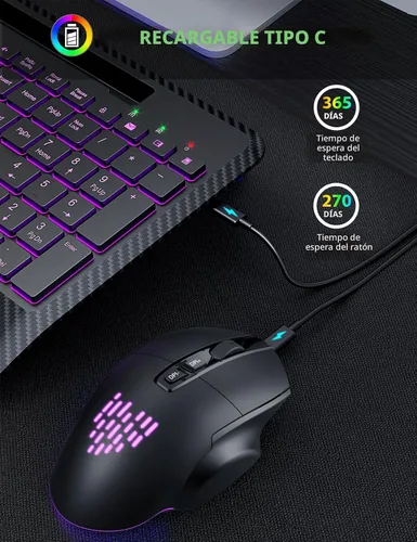Vista 4 de Teclado y Mouse Inalámbricos con Retroiluminación, Reposamuñecas, Mouse LED, Teclado Ergonómico Recargable con Soporte para Teléfono, Combo
