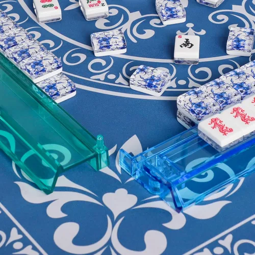 Vista 5 de Juego de Mahjong Americano, 166 Azulejos Premium de Acrílico con Impresiones Azules, 4 Estante/Empujadores de Color Todo en Uno, Juego Completo
