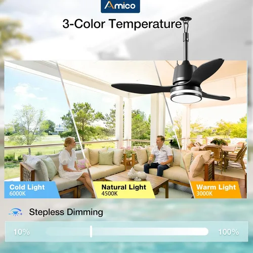 Vista 7 de Amico Ventiladores de techo para exteriores de 36 pulgadas con luces para patios, ventilador de glorieta impermeable IP65, control remoto, 3CCT, 6