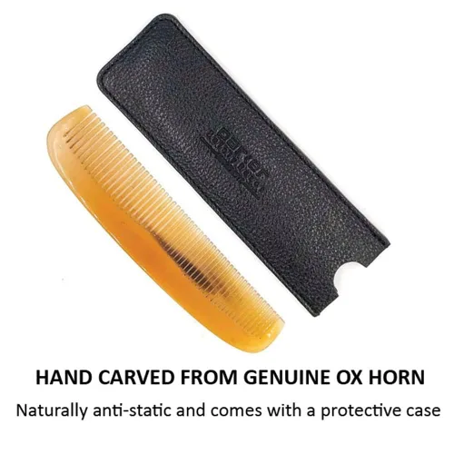 Vista 2 de Parker - Peine de bolsillo con cuerno de buey genuino, funda de transporte de cuero incluida