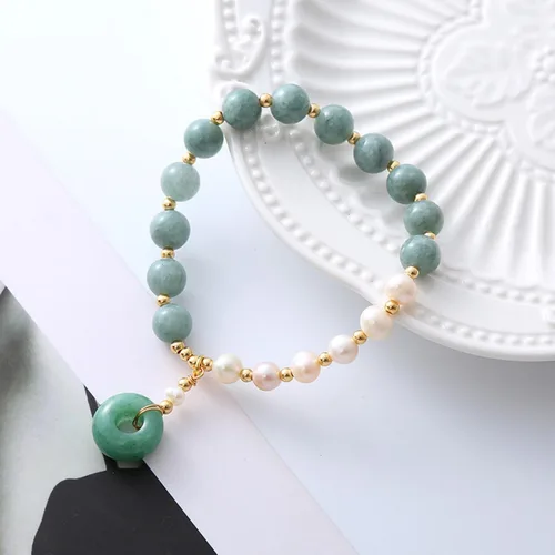 Vista 5 de Pulsera de perlas de jade birmano, pulsera elástica con cuentas de piedras preciosas, pulsera elástica, pulsera para mujer, Piedra