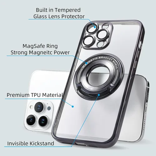 Vista 5 de Funda magnética con soporte invisible para iPhone 15 Pro Max, compatible con MagSafe, protector de lente de cámara integrado, chapado de lujo