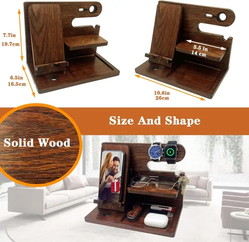 Vista 5 de VEIYAILU Estación de acoplamiento para teléfono de madera de nogal para hombres, regalos para él, novio, papá, marido, hermano, hijo, aniversario