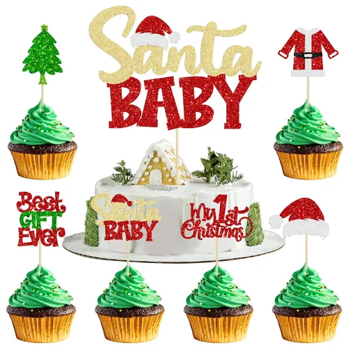 Vista 34 de Gyufise 24 piezas Adornos de pastel para revelación de género de Navidad con purpurina, sombrero navideño de Navidad, adorno de pastel de él o ella