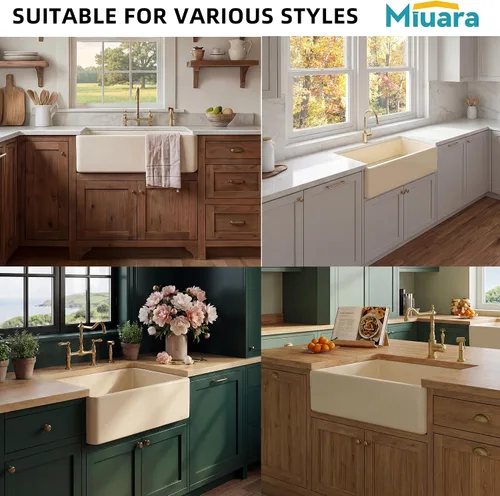 Vista 4 de Miuara Farmhouse - Fregadero de cocina frontal con delantal de arcilla refractaria de hueso de 33 x 18 pulgadas For kitchen, Heavy duty fireclay