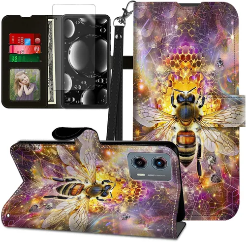 Vista 50 de Funda para Motorola Edge 2022 con protector de pantalla, soporte y tarjetero y correa para la muñeca, funda magnética para Moto Edge 2022 5G UW Lobo