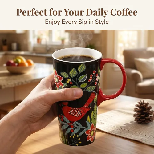 Vista 2 de Taza de viaje de cerámica de 17 onzas con tapa y caja de regalo, taza de café cardenal de arte popular, taza de té de porcelana de pájaro