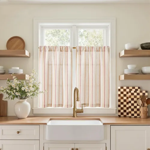 Vista 87 de Jinchan - Cortinas de lino a rayas para cocina, 24 pulgadas, beige, 2