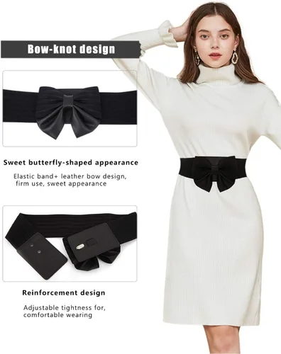 Vista 2 de YALEMEI - Cinturón de cintura elástico ancho con lazo para mujer, adorable accesorio de vestir, Negro