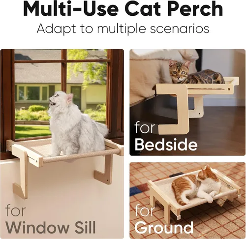 Vista 2 de FUKUMARU Percha para ventana de gato, hamaca transformable para alféizar y piso, cama de ventana para gatos grandes y gatitos, marco de madera