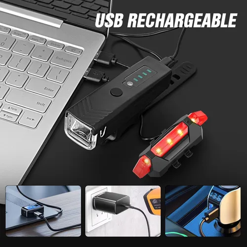 Vista 3 de WGGE Juego de luces recargables USB ultra brillantes, potente faro delantero y trasero para bicicleta, fácil de instalar para montar por la noche