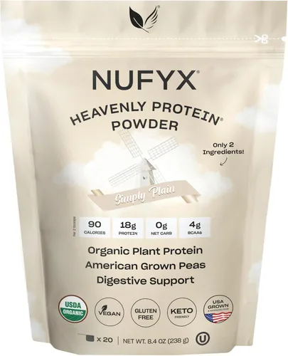 Vista 12 de NUFYX® Proteína en polvo de propiedad familiar, a base de plantas orgánicas, hecha con guisantes 100% cultivados en Estados Unidos, 0.71 onzas