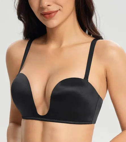 Vista 5 de Lemorosy Sujetador acolchado sin tirantes para mujer, diseño de alfombra roja con escote en V profundo, convertible, con relleno, corte bajo, sexy