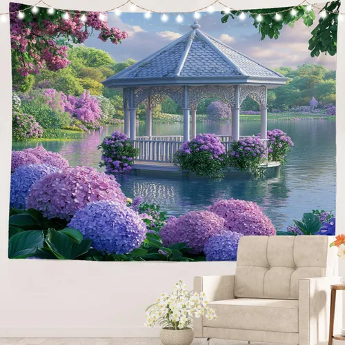 Vista 11 de Batmerry Peaceful Retreat Beautiful Landscape Polyester Tapestry, Blooming Garden Setting Lightweight Wall Hanging High-Definition Print Backdrop
