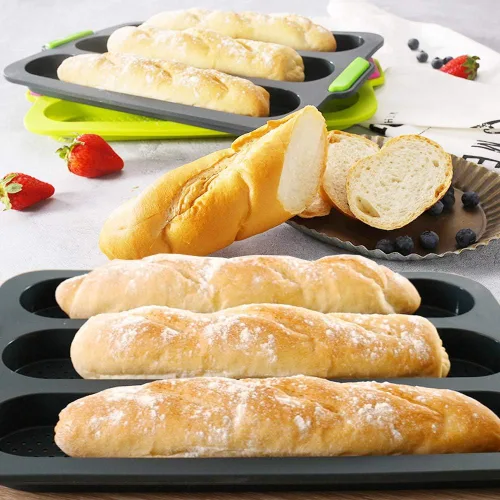 Vista 4 de Molde de silicona para baguette antiadherente, 3 ondas, pan francés para hornear (gris B)