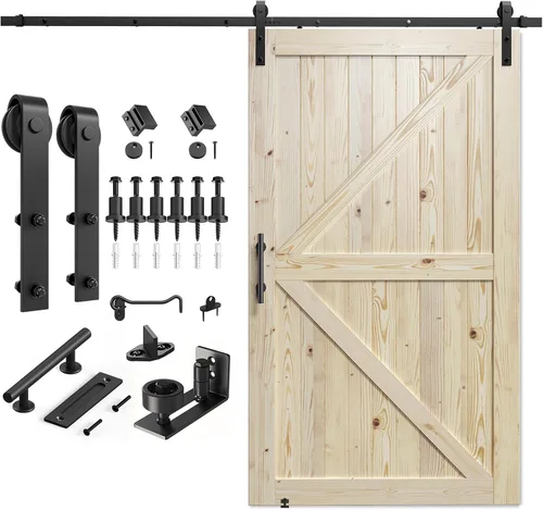 Vista 10 de SMARTSTANDARD Puerta corredera de granero de 24 x 84 pulgadas con kit de herrajes para puerta de granero de 4 pies incluido, puerta de madera maciza