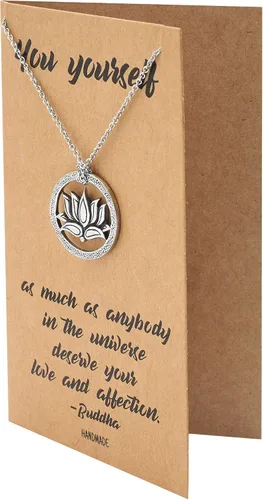 Vista 3 de Quan Jewelry Om - Collar con colgante de flor de loto, joyería de yoga, regalos para mujeres, regalos para amantes del yoga con tarjeta