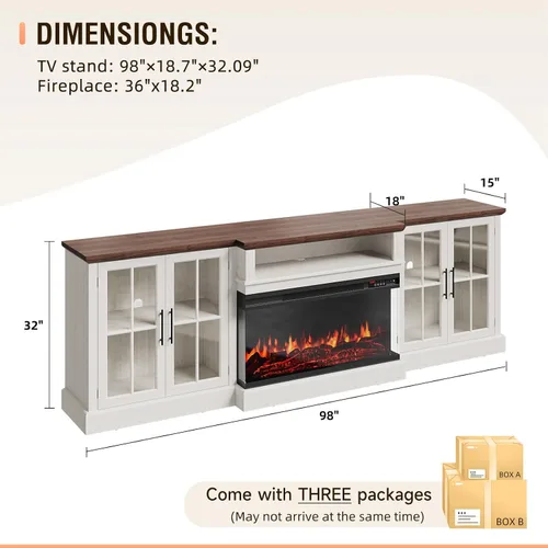 Vista 3 de Mueble de TV de estilo granja de 98" con chimenea de 36" para televisores de hasta 100", centro de entretenimiento multimedia con estantes 2-Blanco