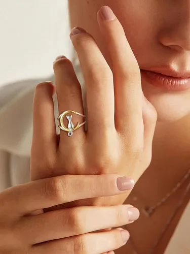 Vista 2 de SILVERCUTE Women Cat Ring 925 Sterling Silver 18K Gold Plated Cat on The Moon Cute Wrap Ring Adjustable