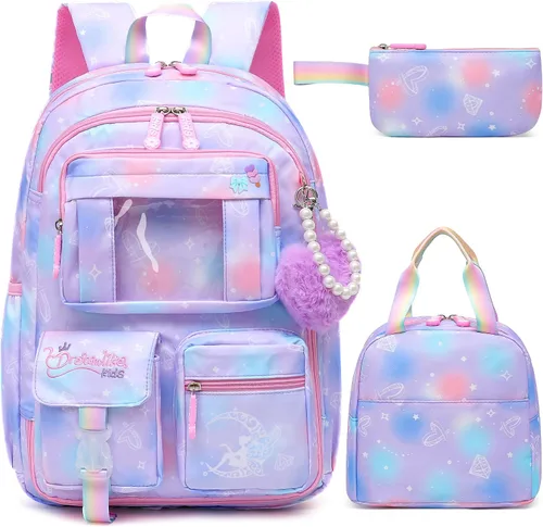 Vista 12 de Alrisg Mochila escolar para niñas, para escuela primaria, linda mochila para niñas, color azul