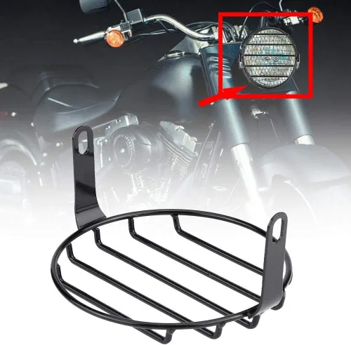 Vista 4 de Parrilla para faros delanteros de motocicleta, 65 pulgadas, montaje lateral, cubierta redonda, ajuste directo para Cruiser Chopper Bobber Custom