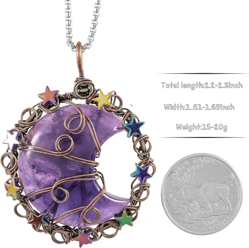 Vista 2 de TUMBEELLUWA Collar de cristal con estrella de luna creciente para mujeres y hombres, piedra curativa de reiki, colgante envuelto en alambre de cobre