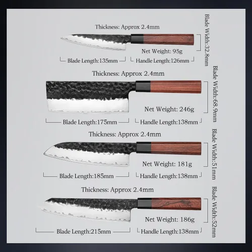 Vista 2 de Juego de cuchillos de cocina 4 piezas, cuchillo de chef de acero revestido Nakiri forjado Santoku, mango octogonal de madera