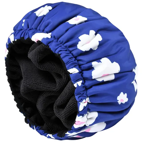 Vista 18 de Gorro de ducha para mujer, gorro de baño negro, reversible, grande, impermeable, ajustable, forro de rizo y banda elástica, dobladillo elástico