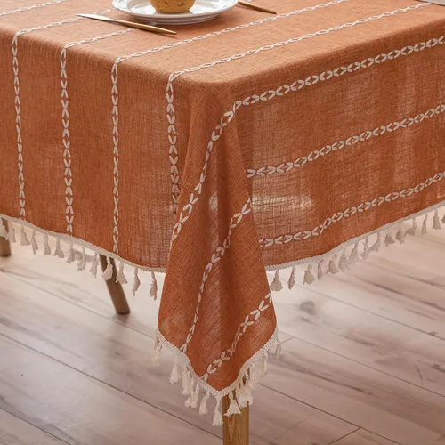 Vista 11 de Mantel rectangular de lino beige crema para comedor y cocina, mantel rectangular de arpillera de lino con borlas, resistente, rústico, campestre