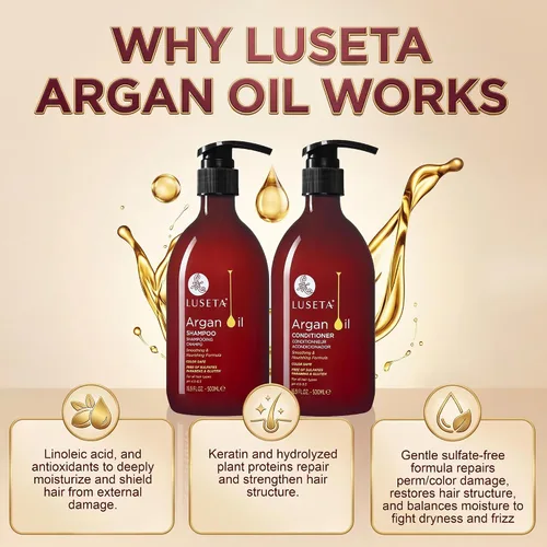 Vista 2 de Luseta - Juego de champú y acondicionador de aceite de argán, sin sulfatos, para tratar la pérdida de cabello, ideal para cabello dañado, fino, seco