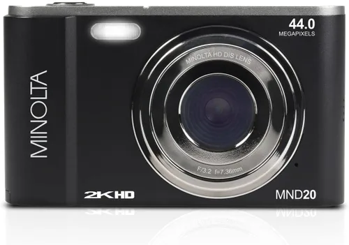Vista 2 de Minolta MND20 Cámara digital Quad HD de 44 MP / 2.7K (negro) + tarjeta de memoria de 32 GB + trípode flexible de 12 pulgadas + cartera de tarjetas