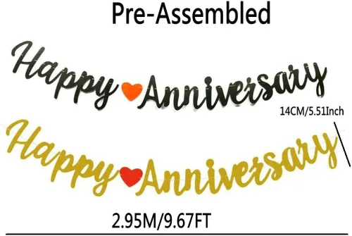 Vista 3 de Cartel de feliz aniversario, decoración de fiesta con purpurina dorada y negra para bodas, aniversarios, fiestas, banderines preencordados (negro)