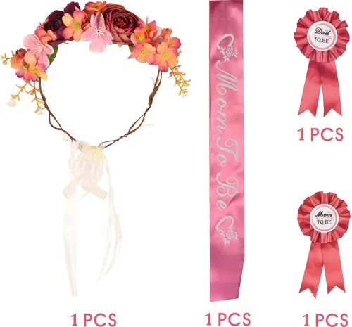 Vista 9 de MEANT2TOBE Tiara de flores rosas naranjas, juego de banda y pin para papá, regalo de maternidad para mamá y él, decoración de baby shower
