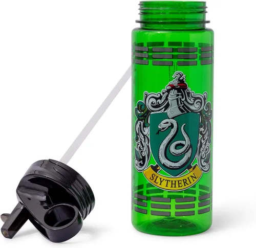 Vista 3 de Silver Buffalo Harry Potter Movie 1-8 Slytherin Crest with Dashes Botella de agua Tritan con popote abatible, 20 onzas