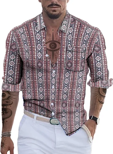 Vista 12 de domirica Camisa de manga larga con botones para hombre, étnica 2025, para verano, hawaiana, playa, casual, vintage, novedosa, ligera