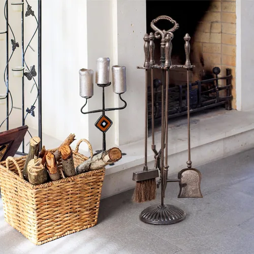 Vista 2 de Sungmor Juego de herramientas de chimenea de hierro fundido resistente, 5 herramientas de fuego con soporte, accesorios de chimenea para estufa