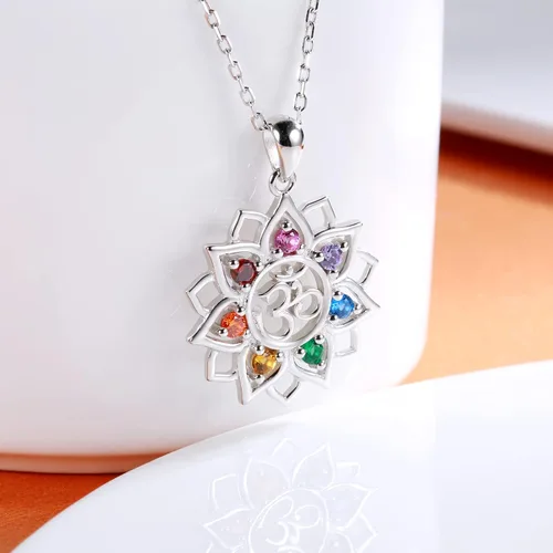 Vista 5 de Chakra Yoga Lotus Flower Necklace 925 Sterling Silver Om Ohm Symbol Crystal Pendant Necklace Spiritual Jewelry Gift for Women Girls
