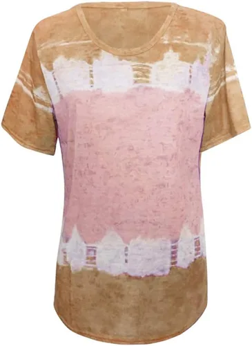 Vista 3 de Camiseta de talla grande, para mujer, casual, cuello redondo, manga cortalarga, con estampado de retazos, camisetas básicas