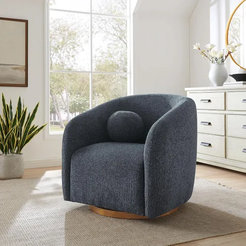 Vista 10 de Modway Holland - Sillón giratorio curvado en color gris pardo – Silla de barril de tela de chenilla con almohada de bola y base de madera – Silla