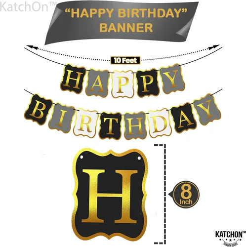 Vista 3 de KatchOn, Cartel de feliz cumpleaños negro y dorado, 10 pies, NO DIY, telón de fondo de feliz cumpleaños, decoraciones de feliz cumpleaños