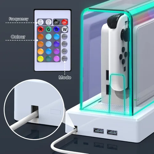 Vista 8 de Mooroer Dust Cover with 16 LED Colors Light Base for Nintendo SwitchOLED, Acrylic Clear Display Box Anti-Scratch Waterproof Slim Dock Case, Cool